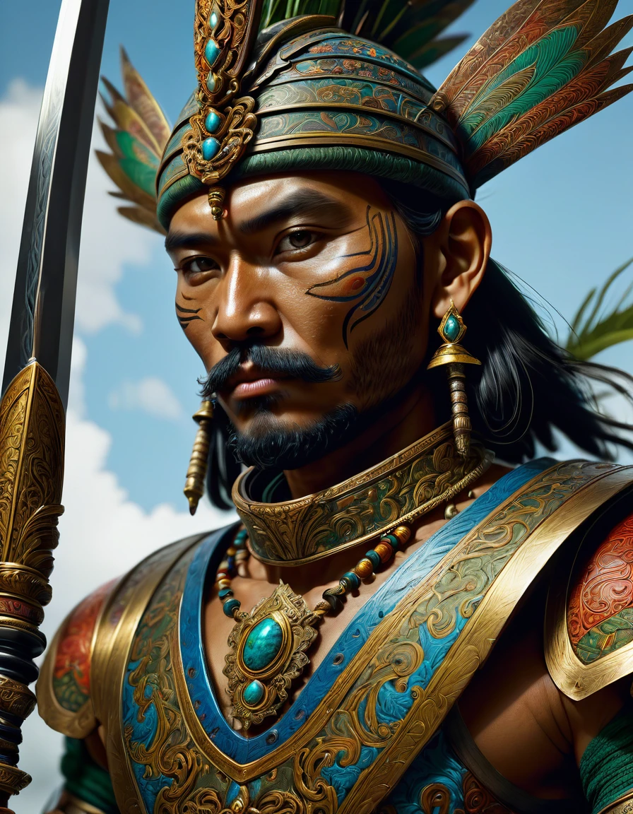 A cinematic photorealistic color digital painting of exotic indigenous swordman from Java Island circa year 1600's, insanely detailed and intricate, sharp and clear, volumetric lighting, ultra-high resolution, masterpiece hyper realistic artwork of Franz Junghuhn, insanely detailed and intricate, centered, cinematic aesthetic lighting art by Greg Rutkowski trending on Artstation.