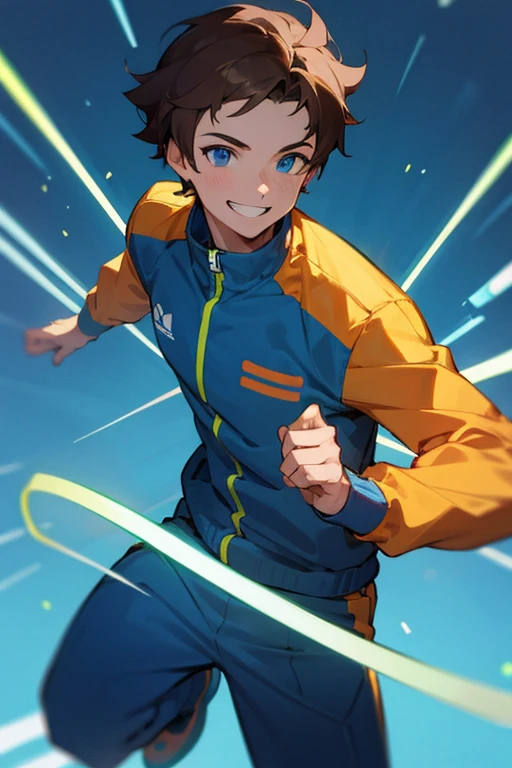 1 boy, solo, brown hair, blue eyes, blue tracksuit, neon background, grinning