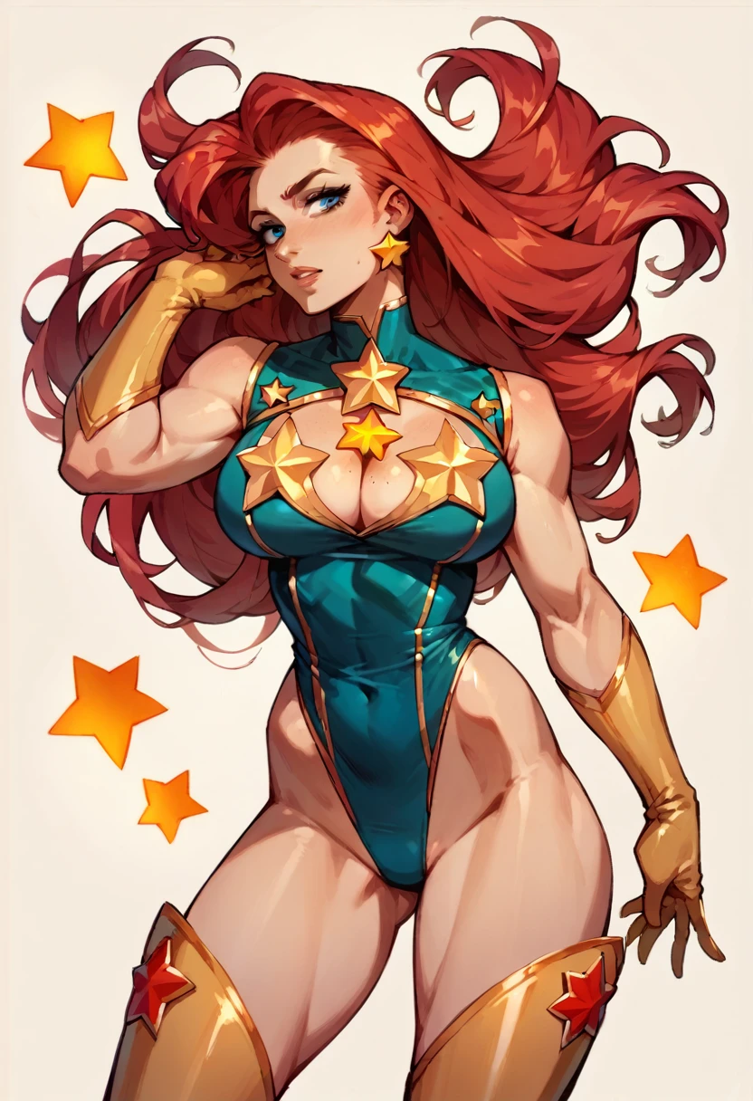 masterpiece, Sexy, Superheroine, Red hair, long hair, busty, ((blue highleg leotard with a t-back thong and a gold star insignia on chest)), gold boots, gold gloves, ((Cleavage Cutout)), back pose