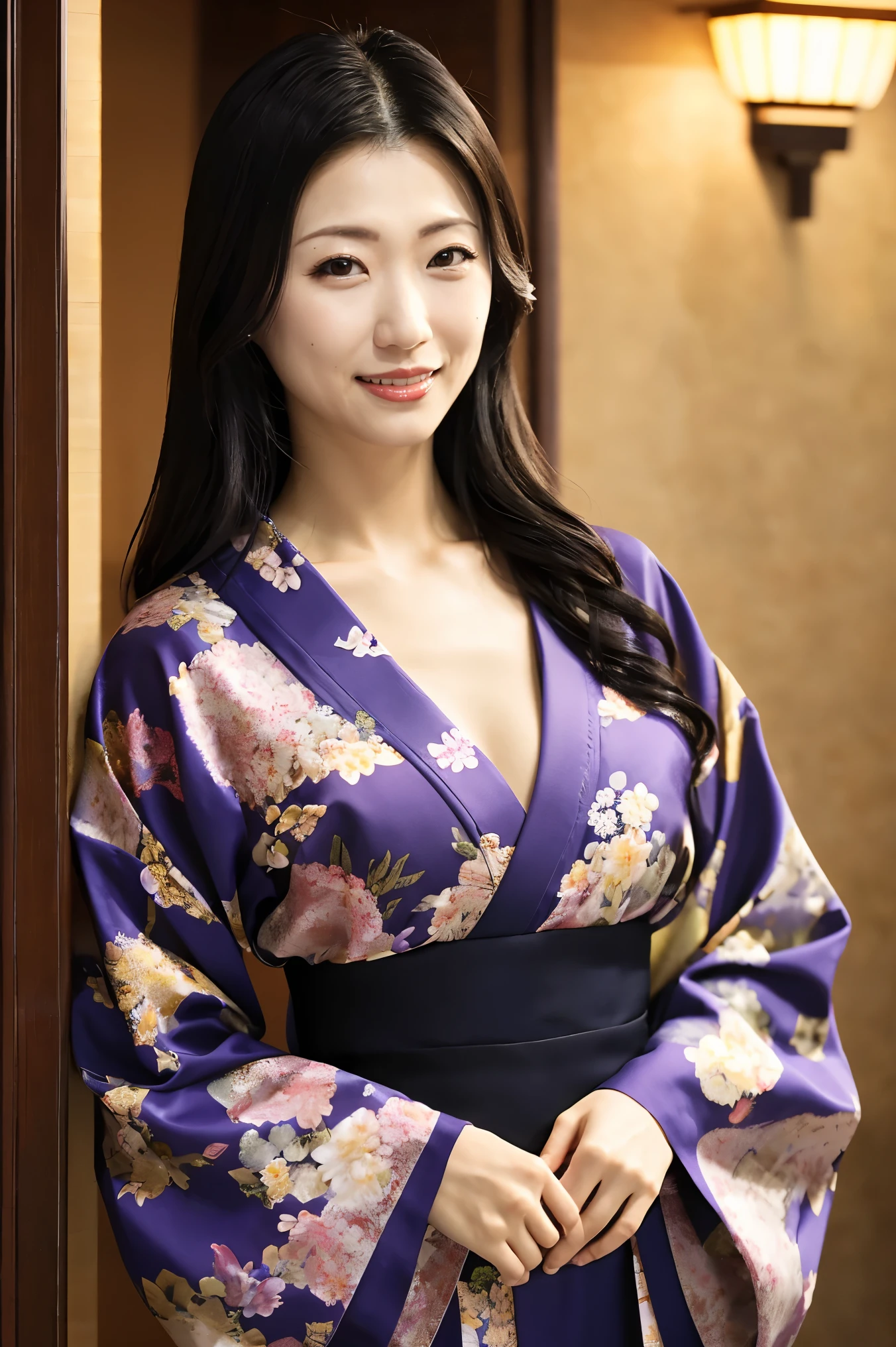 (Highest quality、Tabletop、8k、Best image quality、Award-winning works)、(One beautiful mature woman:1.1)、Adult face、(Innkeeper:1.1)、(Elegant floral kimono:1.2)、(V-neck collar:1.1)、(Cleavageが露わになる:1.2)、(Kimono that exposes the chest:1.3)、(Cleavage:1.5)、(Open chest:1.3)、(Large Breasts:1.4)、(Large Breastsの谷間を露出する:1.5)、Perfect mature woman portrait photo、Standing Elegantly、(Blurred elegant and exquisite perfect Japanese style room background:1.3)、(The most natural and perfect tidy Japanese style room background:1.2)、Radiant Skin、Perfect beautiful skin、(Accentuate your body lines:1.1)、(The most graceful posture:1.2)、Perfect beautiful glossy lips、(Accurate anatomy:1.1)、(A perfect and elegant outfit:1.1)、(Standing with good posture:1.1)、(Face close-up:1.1)、(Front facing body:1.2)、Sad expression