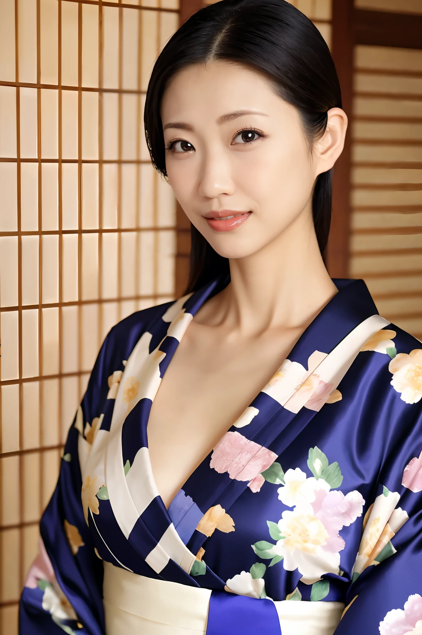 (Highest quality、Tabletop、8k、Best image quality、Award-winning works)、(One beautiful mature woman:1.1)、Adult face、(Innkeeper:1.1)、(Elegant floral kimono:1.2)、(V-neck collar:1.1)、(Cleavageが露わになる:1.2)、(Kimono that exposes the chest:1.3)、(Cleavage:1.5)、(Open chest:1.3)、(Large Breasts:1.4)、(Large Breastsの谷間を露出する:1.5)、Perfect mature woman portrait photo、Standing Elegantly、(Blurred elegant and exquisite perfect Japanese style room background:1.3)、(The most natural and perfect tidy Japanese style room background:1.2)、Radiant Skin、Perfect beautiful skin、(Accentuate your body lines:1.1)、(The most graceful posture:1.2)、Perfect beautiful glossy lips、(Accurate anatomy:1.1)、(A perfect and elegant outfit:1.1)、(Standing with good posture:1.1)、(Face close-up:1.1)、(Front facing body:1.2)、Sad expression