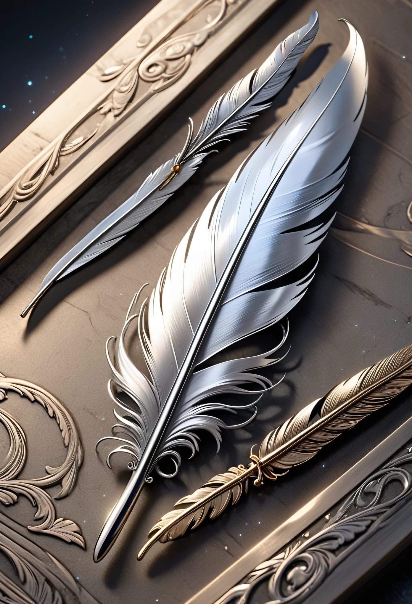 An ancient-looking feather, with a dark metallic shine and silver veins that reflect light in an ethereal way. The feather has rigid, sharp feathers, designed to engrave arcane symbols with precision and delicacy. Show off crisp details of metallic luster and silver veins, and emphasize the feeling of antiquity and mystery