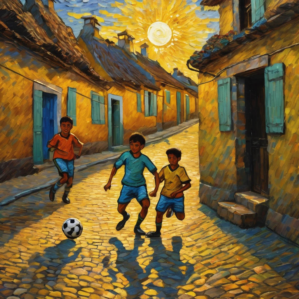 painting of Brazilian boys playing soccer on a cobblestone street in a village with the sun in the background, in Van Gogh style, van gogh art style, Van Gogh style, vincent Van Gogh style, inspired by Vincent Van Gogh, inspired by Vincent Pepi, inspired by Van Gogh, Van Gogh style, vincent van gogh style, inspired by Vincent Di Fate, by Van Gogh