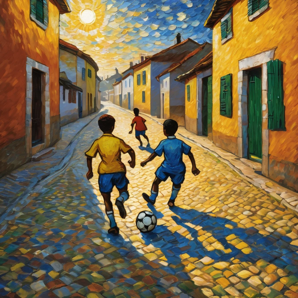painting of Brazilian boys playing soccer on a cobblestone street in a village with the sun in the background, in Van Gogh style, van gogh art style, Van Gogh style, vincent Van Gogh style, inspired by Vincent Van Gogh, inspired by Vincent Pepi, inspired by Van Gogh, Van Gogh style, vincent van gogh style, inspired by Vincent Di Fate, by Van Gogh