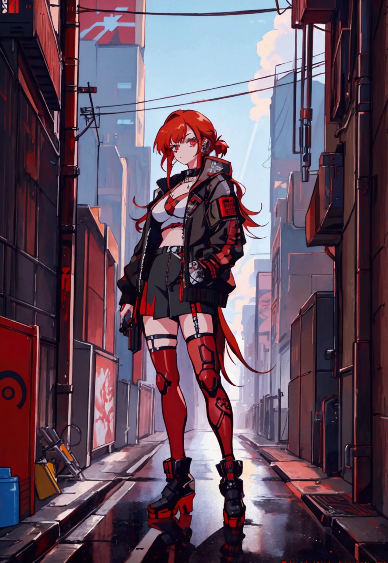 (masterpiece), (best quality), 1 girl, red hair,((brown eyes)),curly hair, anime style, freckles, (small breast), figure, cyberpunk clothes, legs