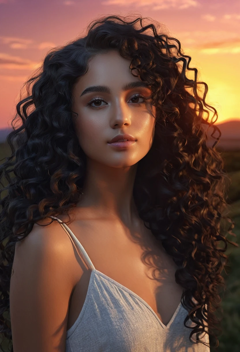 Matte complexion girl with long black and curly hair sunset landscape ultra realistic 4k
