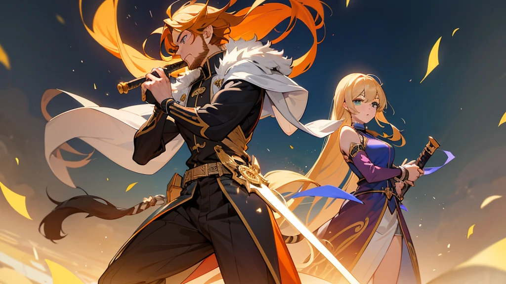 Against the background of an old castle at night、Three characters standing。In the center is、A male character in his 30s with a human face standing on the body of a tiger。His body is covered with orange and black stripes.、Muscular build。Face with short black hair and blue eyes、bearded。He has a big sword in his hand。On the right、A character with the face of a woman in her twenties stands on the body of a cat。Her body is smooth and furry、She has long blonde hair and green eyes、Have a magic wand。On the left、A character with a human face standing on a dog's body。His body is powerful、He has short brown hair and brown eyes.、Have a big book。