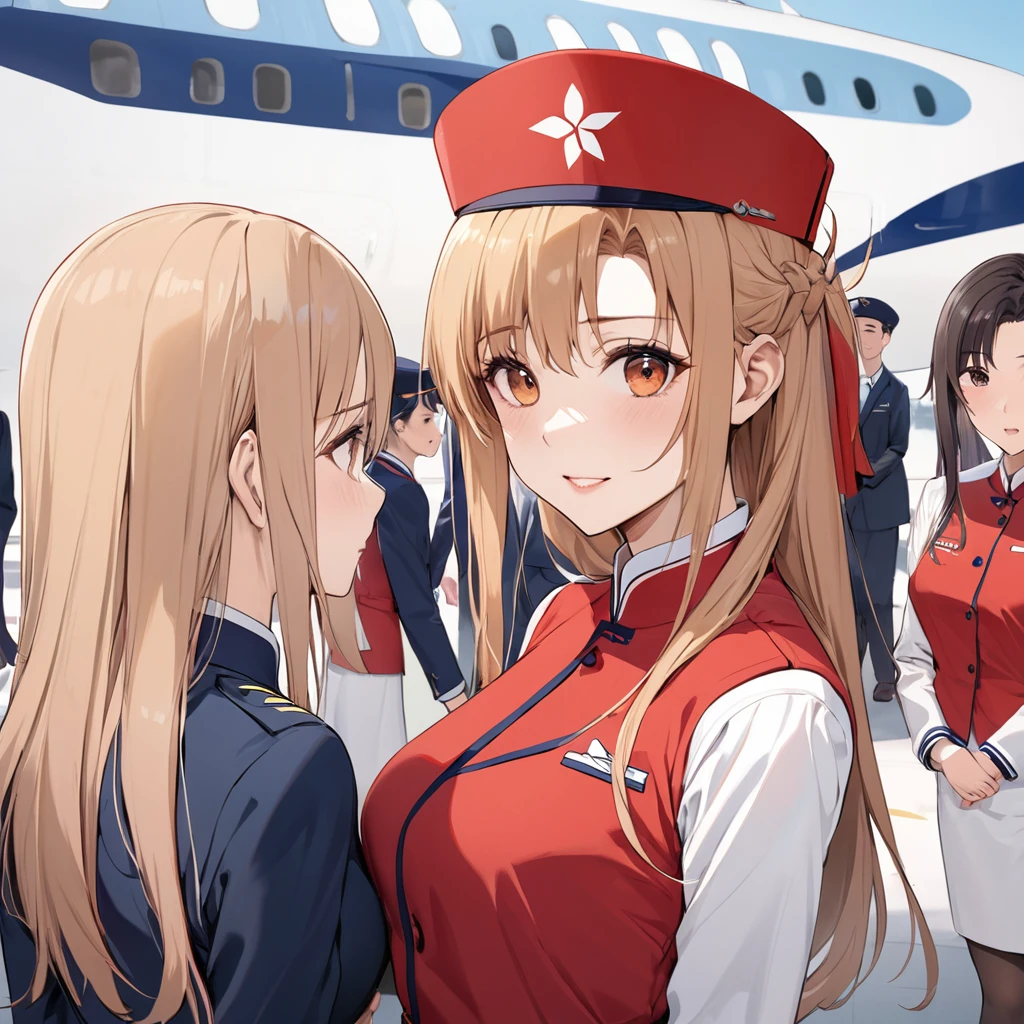 ((Highest quality)), ((masterpiece)), (detailed), (Perfect Face)、The woman is Yuuki Asuna, a flight attendant for Shandong Airlines, a Chinese woman with light brown, medium-long hair.、The woman is wearing a red Shandong Airlines flight attendant uniform, a uniform scarf and a uniform hat.、She is wearing the bright red uniform that is so typical of China.、Flight attendants were photographed gathering in a line.
