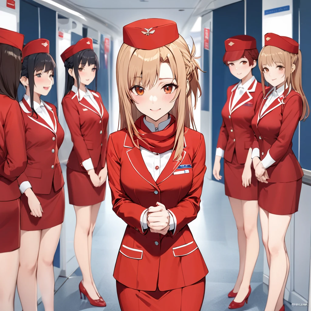 ((Highest quality)), ((masterpiece)), (detailed), (Perfect Face)、The woman is Yuuki Asuna, a flight attendant for Shandong Airlines, a Chinese woman with light brown, medium-long hair.、The woman is wearing a red Shandong Airlines flight attendant uniform, a uniform scarf and a uniform hat.、She is wearing the bright red uniform that is so typical of China.、Flight attendants were photographed gathering in a line.