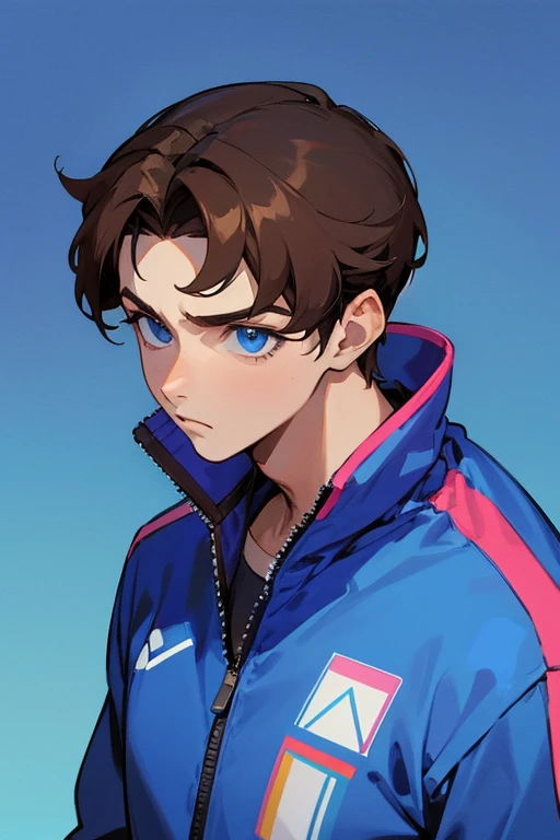1 boy, brown hair, blue eyes, blue tracksuit, vaporwave background, stoic