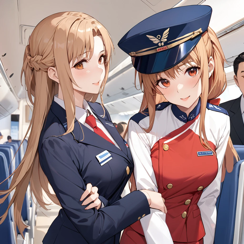 ((Highest quality)), ((masterpiece)), (detailed), （Perfect Face）、The woman is Yuuki Asuna, a flight attendant for Shandong Airlines, a Chinese woman with light brown, medium-long hair.、The woman is wearing a red Shandong Airlines flight attendant uniform, a uniform scarf and a uniform hat.、She is wearing the bright red uniform that is so typical of China.、Flight attendants were photographed gathering in a line.