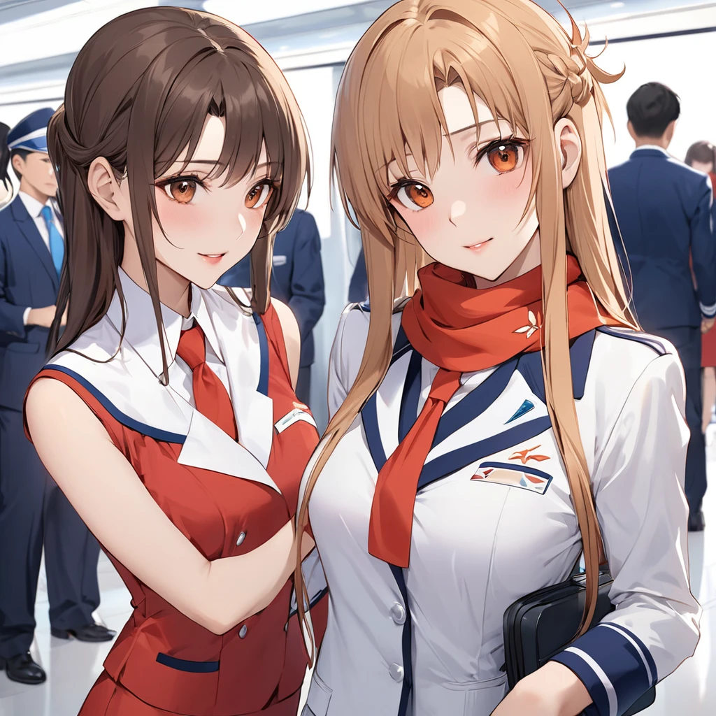 ((Highest quality)), ((masterpiece)), (detailed), （Perfect Face）、The woman is Yuuki Asuna, a flight attendant for Shandong Airlines, a Chinese woman with light brown, medium-long hair.、The woman is wearing a red Shandong Airlines flight attendant uniform, a uniform scarf and a uniform hat.、She is wearing the bright red uniform that is so typical of China.、Flight attendants were photographed gathering in a line.