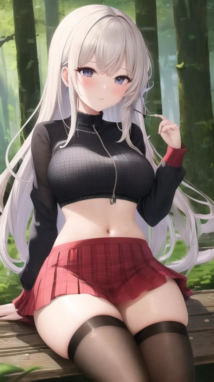 masterpiece, best quality, 1girl, sitting, forest, white hair, long hair, grey eyes, (knight armor:1.1), skirt, thigh highs, curvy