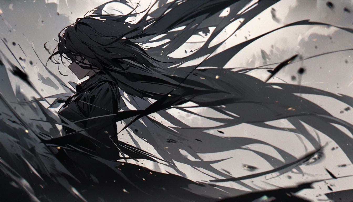(Best Quality, artwork), 1 girl, looking down, wind, Particle, simple background, dark humor, arise from,