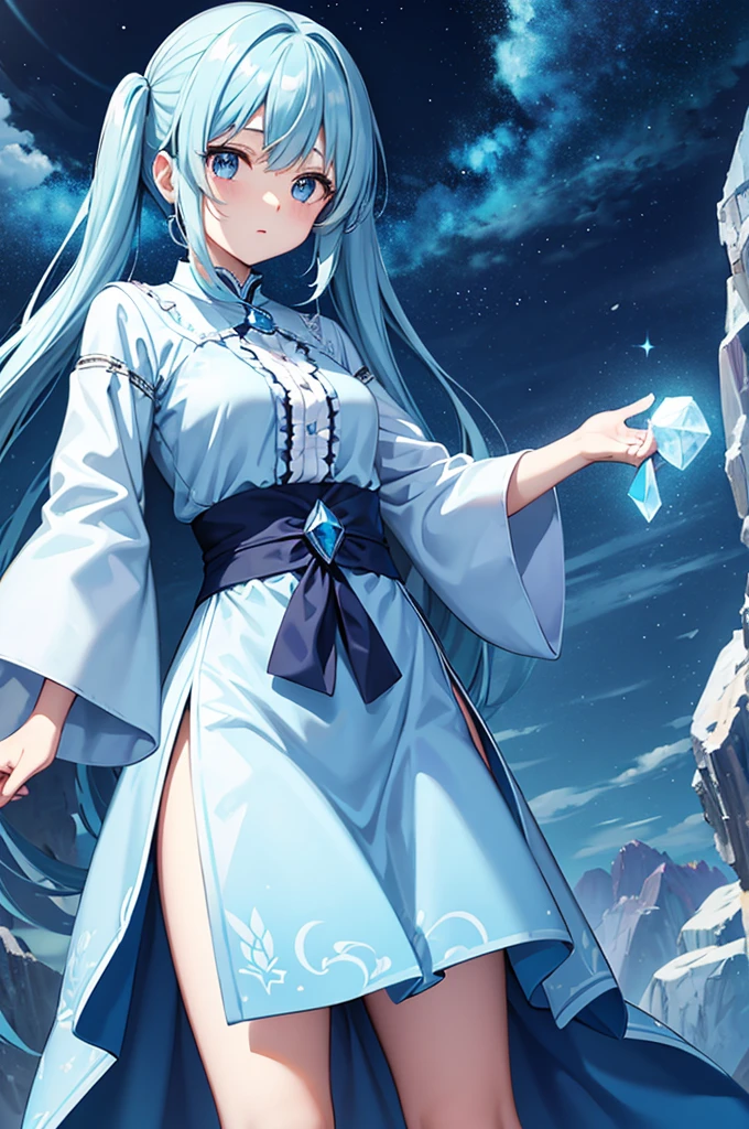 Light blue long hair、Beautiful girl with twin tails、Possess a magical gemstone、Mysterious Landscape