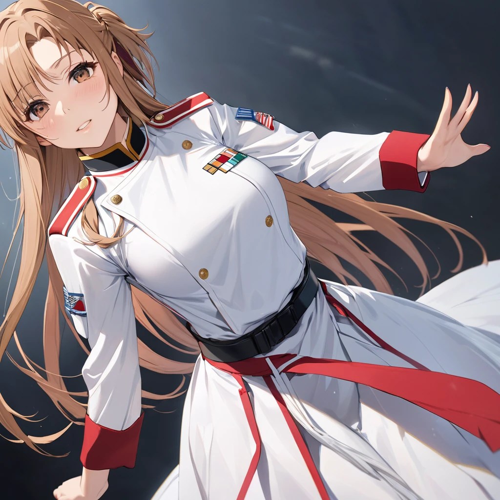 ((Highest quality)), ((masterpiece)), (detailed), (Perfect Face)、The woman is Asuna Yuki, a female member of the Japanese Self-Defense Forces. She has light brown, semi-long hair and is a female member of the Japanese Self-Defense Forces dressed in a full-dress Self-Defense Force uniform.