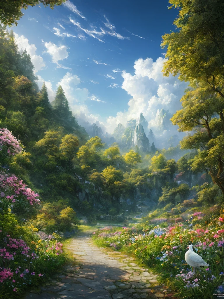masterpiece, 最high quality, high quality,Very detailed CG unity 8k wallpaper, Enchanting and dreamy fantasy forest scenery, rose garden, hidden fairy valley, Creates a sense of mystery and fascination, Sky Blue Sky, White dove flies, Complex, trend, pastel colour, Award-winning photography, Depth of written boundary, High resolution, bloom, chromatic aberration ,Realistic,Very detailed, White cloud, trend on CGsociety, Complex, Attention to detail, dramatic, art：midjourney