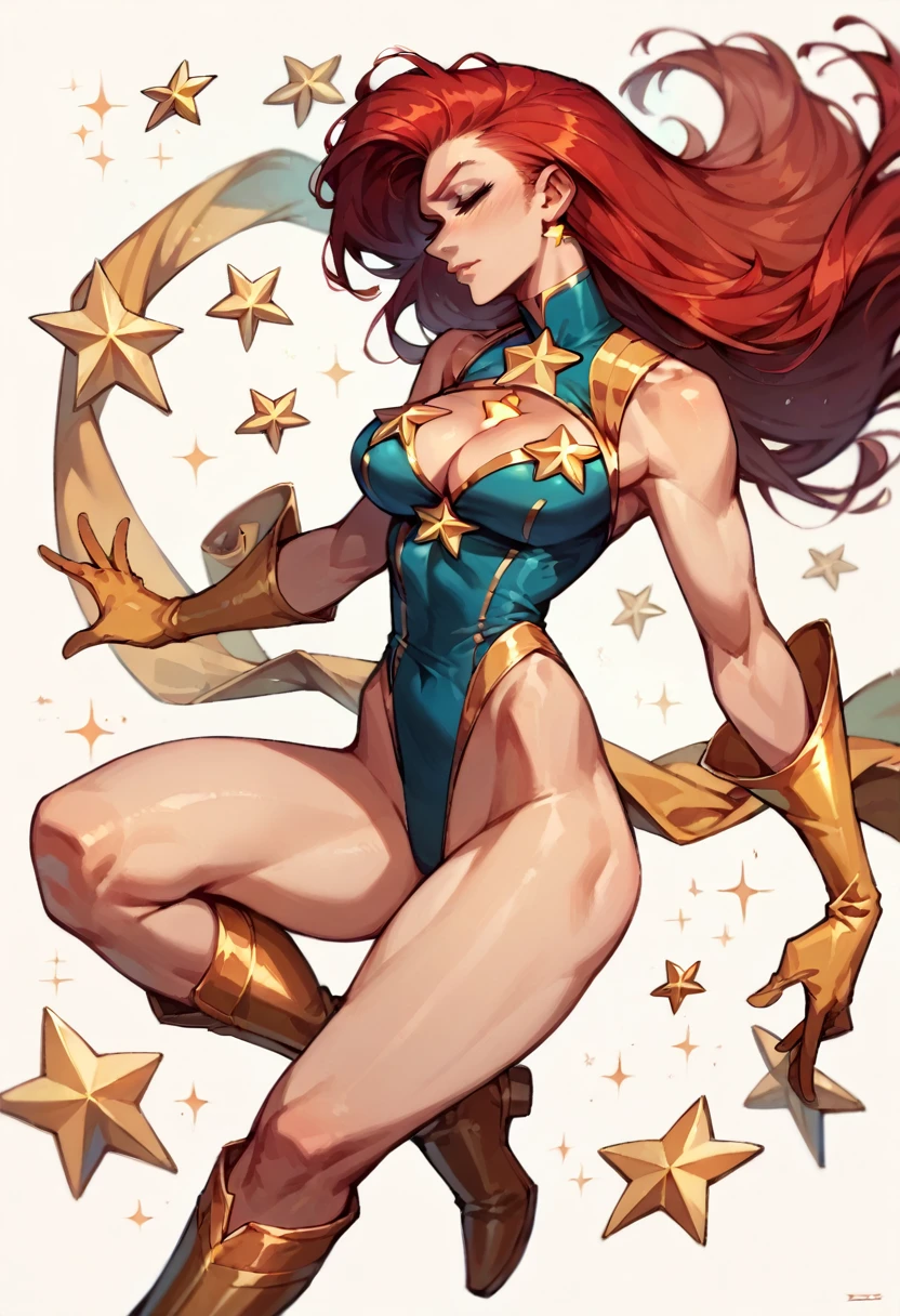 masterpiece, Sexy, Superheroine, Red hair, long hair, busty, ((blue highleg leotard with a t-back thong and a gold star insignia on chest)), gold boots, gold gloves, ((Cleavage Cutout)), back pose