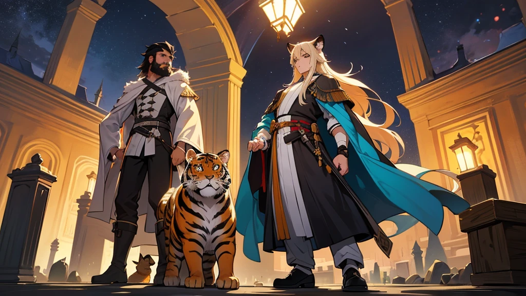 Against the background of an old castle at night、Three characters standing。In the center is、A male character in his 30s with a human face standing on the body of a tiger。His body is covered with orange and black stripes.、Muscular build。Face with short black hair and blue eyes、bearded。He has a big sword in his hand。On the right、A character with the face of a woman in her twenties stands on the body of a cat。Her body is smooth and furry、She has long blonde hair and green eyes、Have a magic wand。On the left、A character with a human face standing on a dog's body。His body is powerful、He has short brown hair and brown eyes.、Have a big book。
