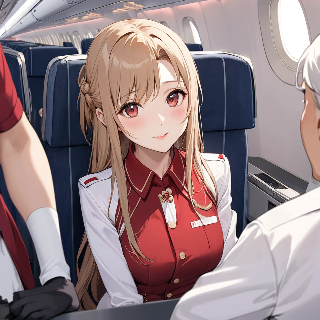 ((Highest quality)), ((masterpiece)), (detailed), (Perfect Face)、The woman is a Chinese flight attendant for Air China, named Yuuki Asuna, with light brown, medium-long hair.、The woman is wearing the red uniform of an Air China flight attendant.、The woman is an honorable special flight attendant reserved for members of the Chinese Communist Party.、The woman is a first-class passenger, and is the exclusive host and entertainer of a dignified elderly man who is a member of the Chinese Communist Party.