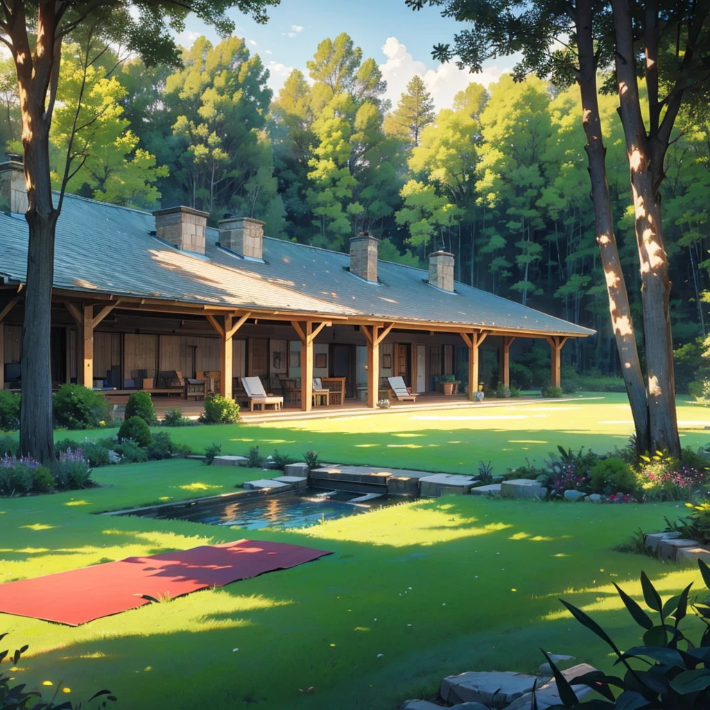 A country farm, with low grass, a lot of trees,  pool area and exclusive yoga area, facing a lake. In a sunset