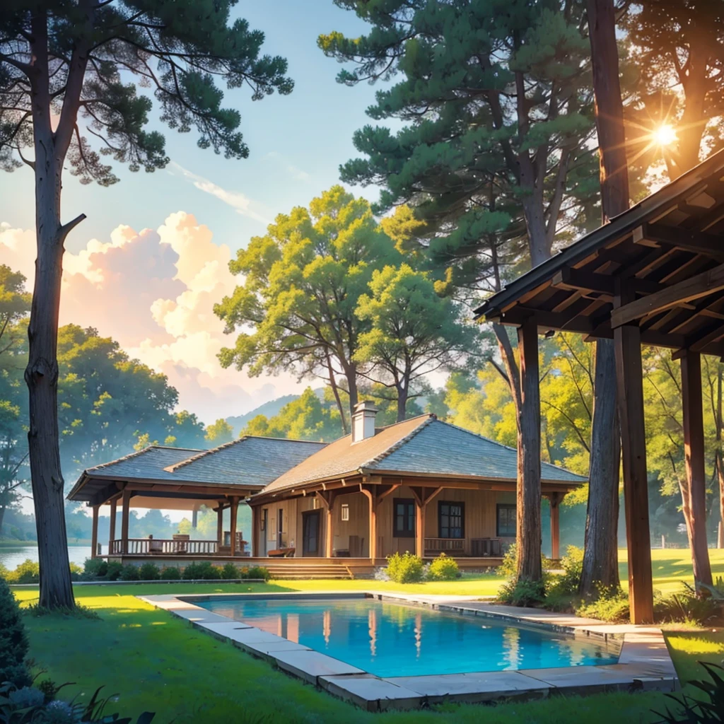 A country farm, with low grass, a lot of trees, pool area and exclusive yoga area, facing a lake. In a sunset