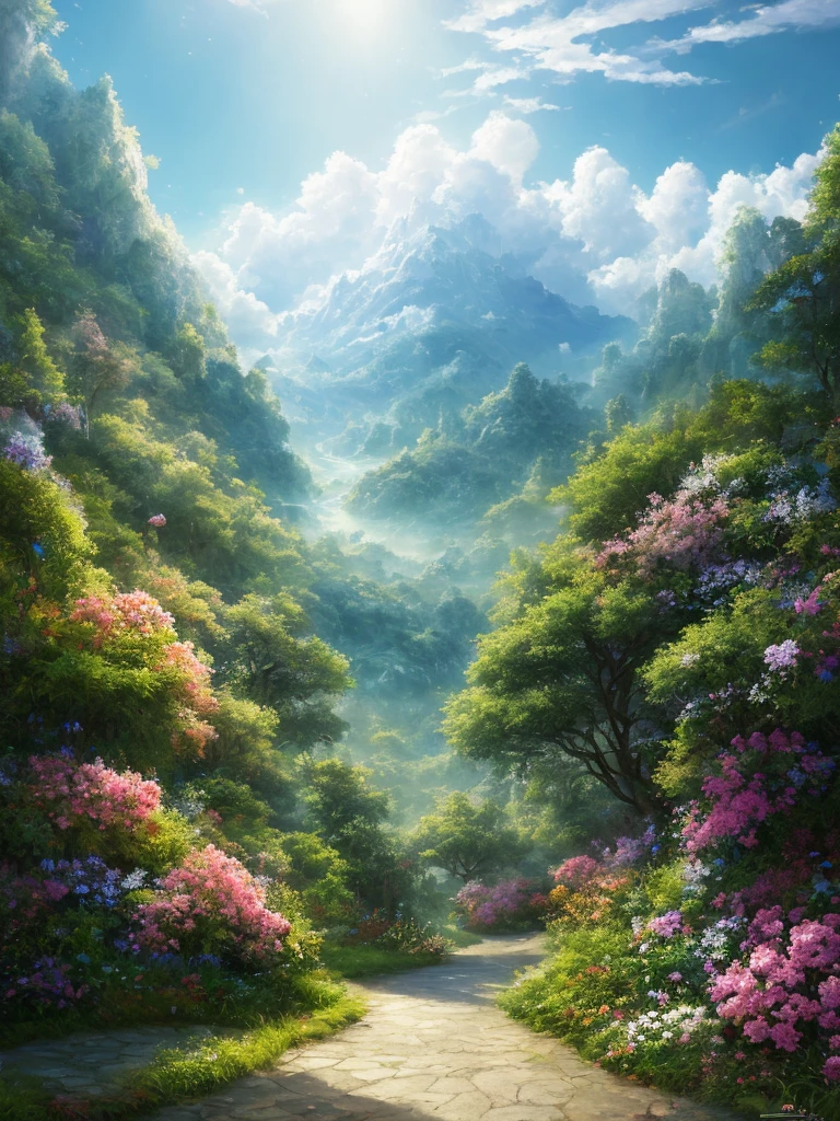 masterpiece, 最high quality, high quality,Very detailed CG unity 8k wallpaper, Enchanting and dreamy fantasy forest scenery, rose garden, hidden fairy valley, Creates a sense of mystery and fascination, Sky Blue Sky, White dove flies, Complex, trend, pastel colour, Award-winning photography, Depth of written boundary, High resolution, bloom, chromatic aberration ,Realistic,Very detailed, White cloud, trend on CGsociety, Complex, Attention to detail, dramatic, art：midjourney