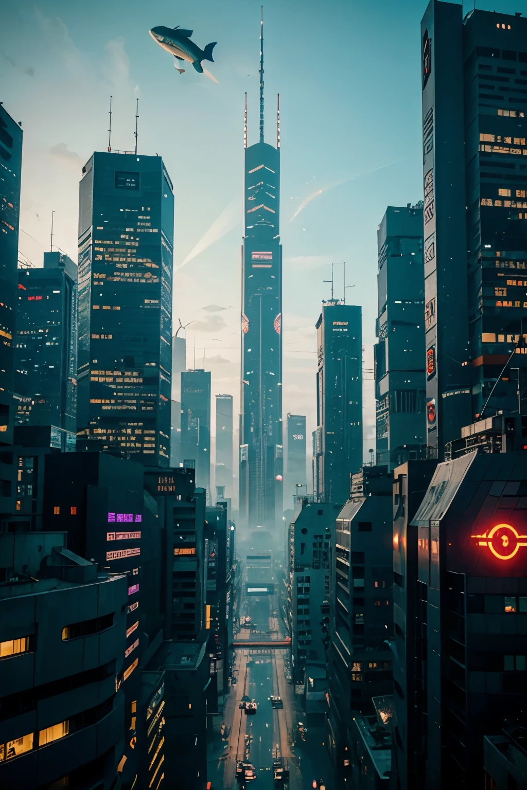 cyberpunk city with long buildings and glowing fish in the air