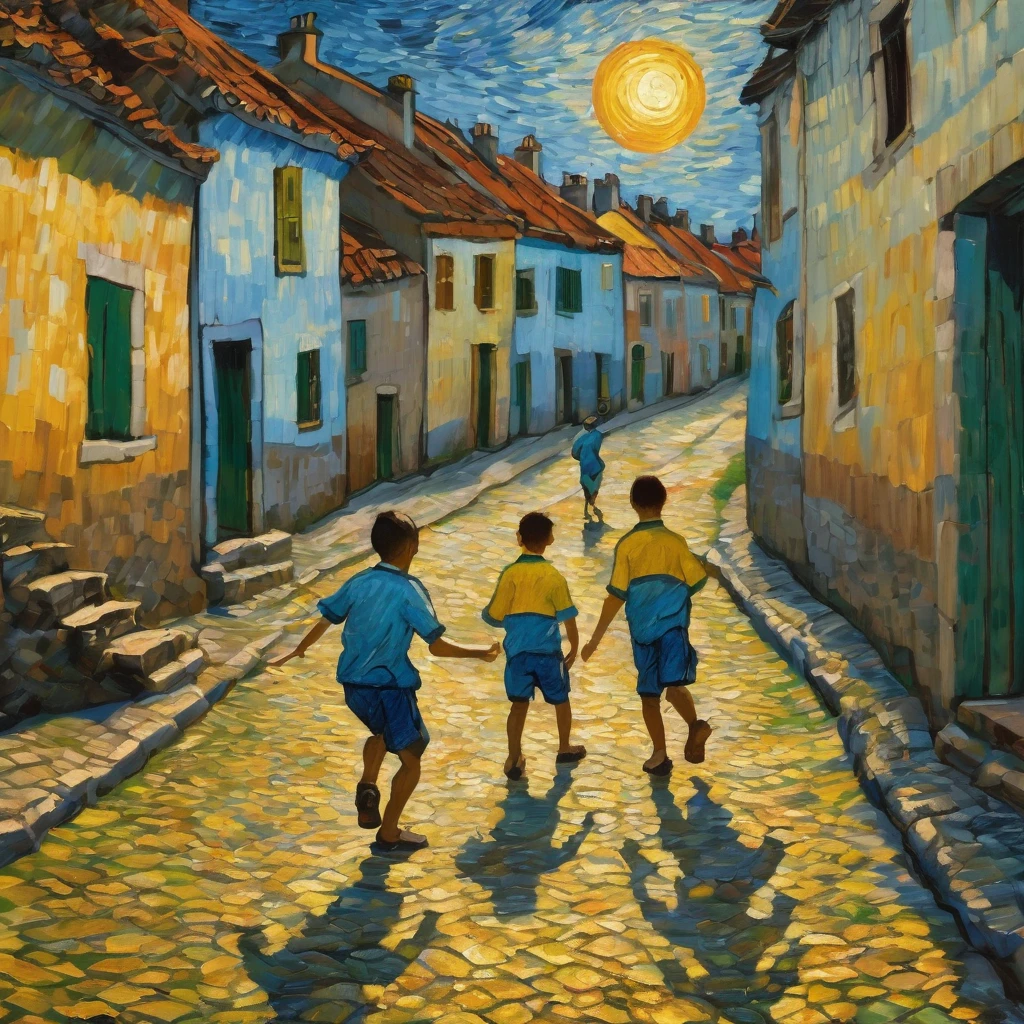 painting of a boy in close-up and five Brazilian boys playing soccer on a cobblestone street in a village with the sun in the background, in the style of Van Gogh, van gogh art style, Van Gogh style, vincent Van Gogh style, inspired by Vincent Van Gogh, inspired by Vincent Pepi, inspired by Van Gogh, Van Gogh style, vincent van gogh style, inspired by Vincent Di Fate, by Van Gogh