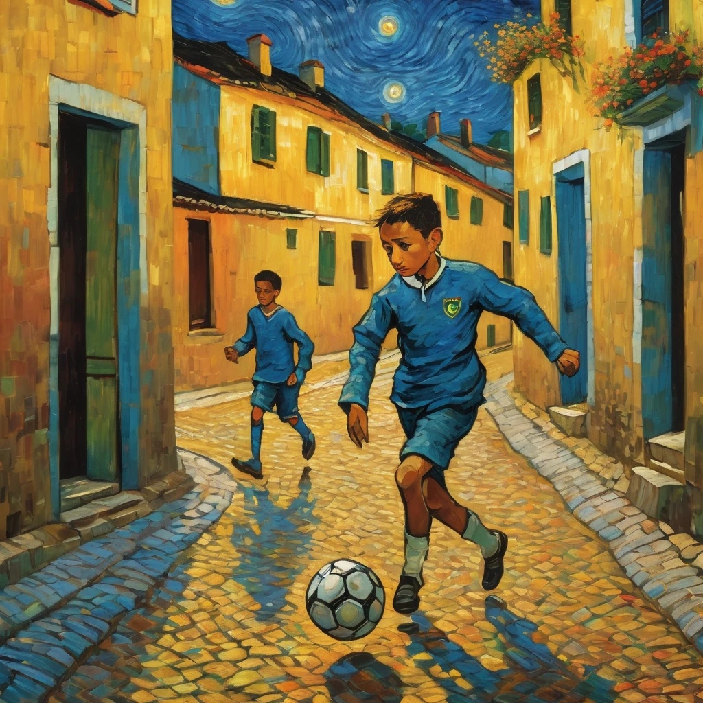 painting of a boy in close-up and five Brazilian boys playing soccer on a cobblestone street in a village with the sun in the background, in the style of Van Gogh, van gogh art style, Van Gogh style, vincent Van Gogh style, inspired by Vincent Van Gogh, inspired by Vincent Pepi, inspired by Van Gogh, Van Gogh style, vincent van gogh style, inspired by Vincent Di Fate, by Van Gogh