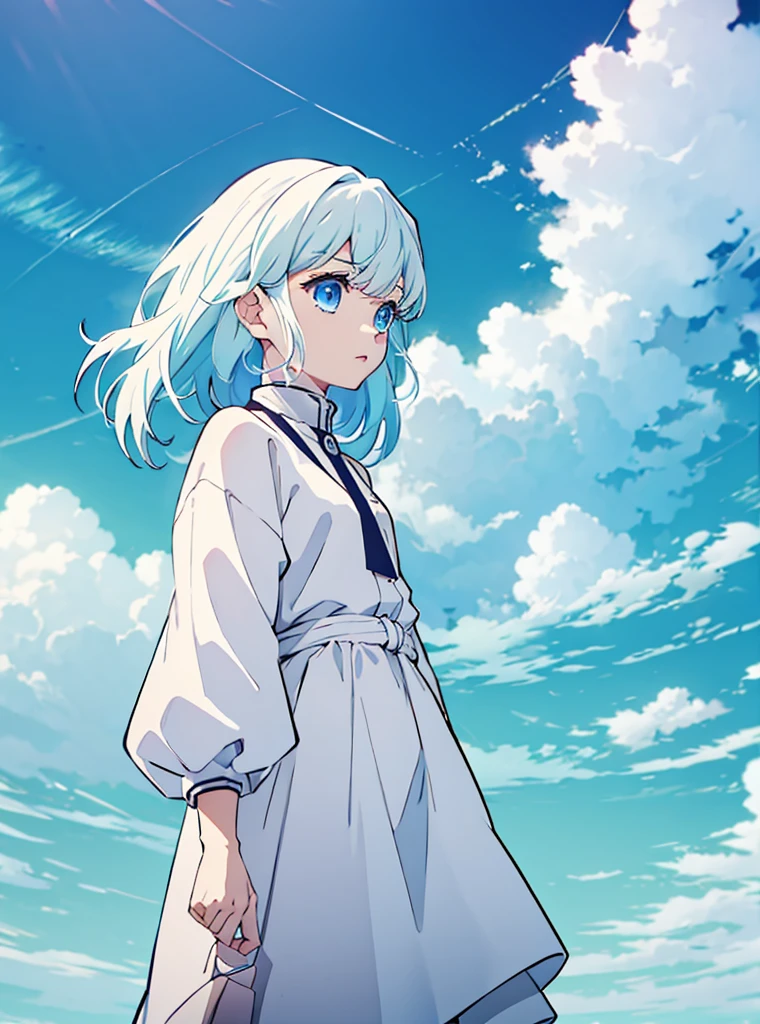 A girl with cloud hair and white and blue eyes with a cute look
