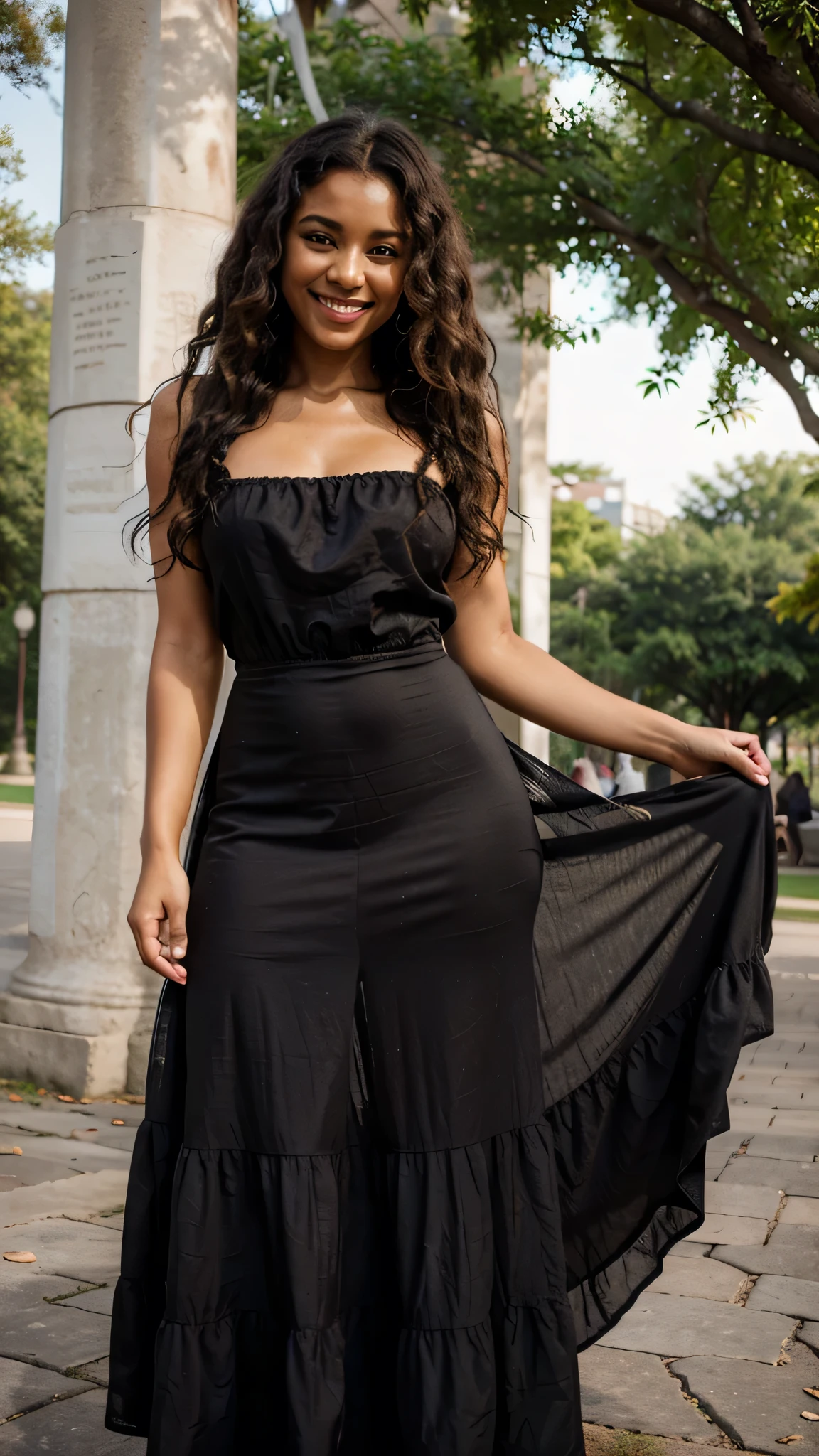 1 , Dark skin color, curly hair, smile, wearing long dress, sexy posing at the park