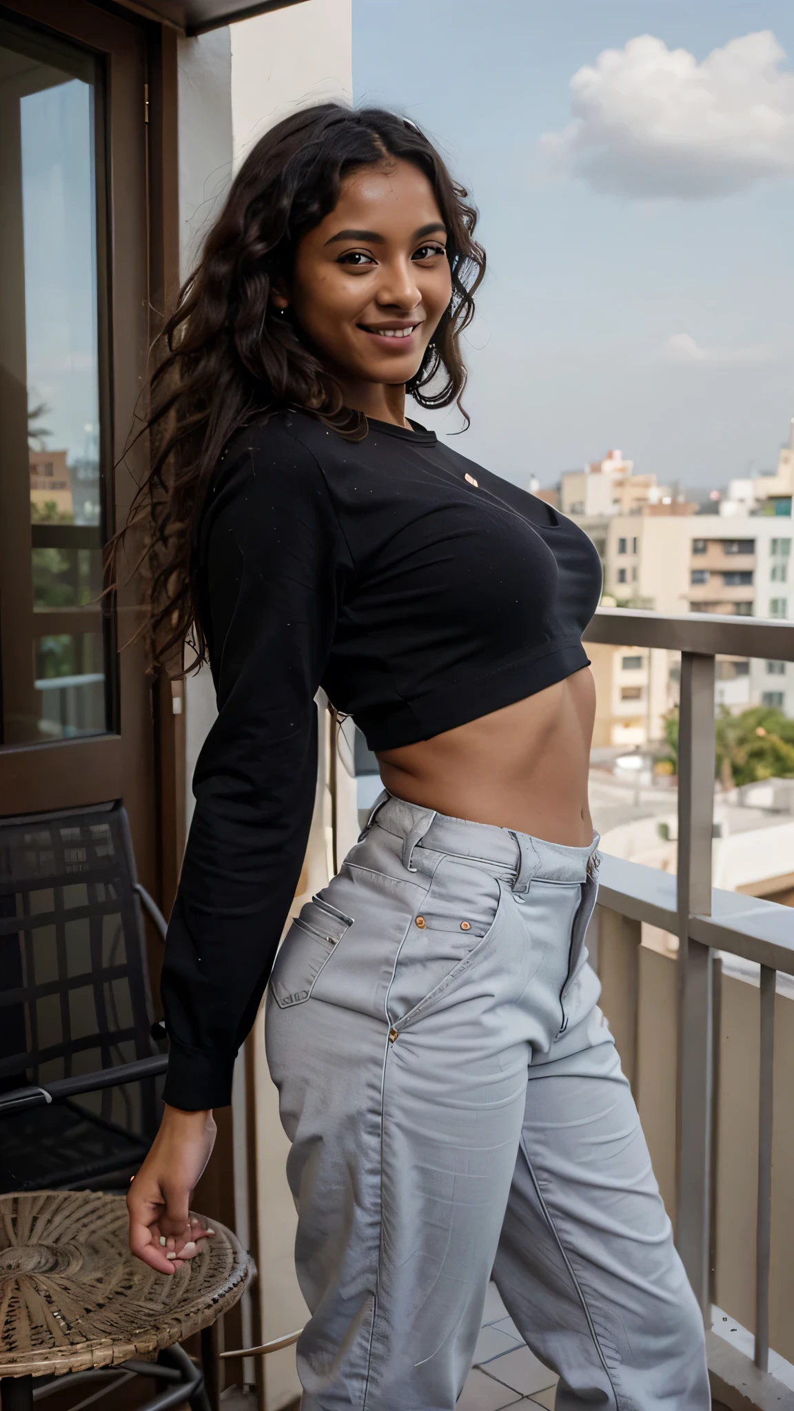 1 , Dark skin color, curly hair, smile, wearing pants and shirt, sexy posing at the balcony