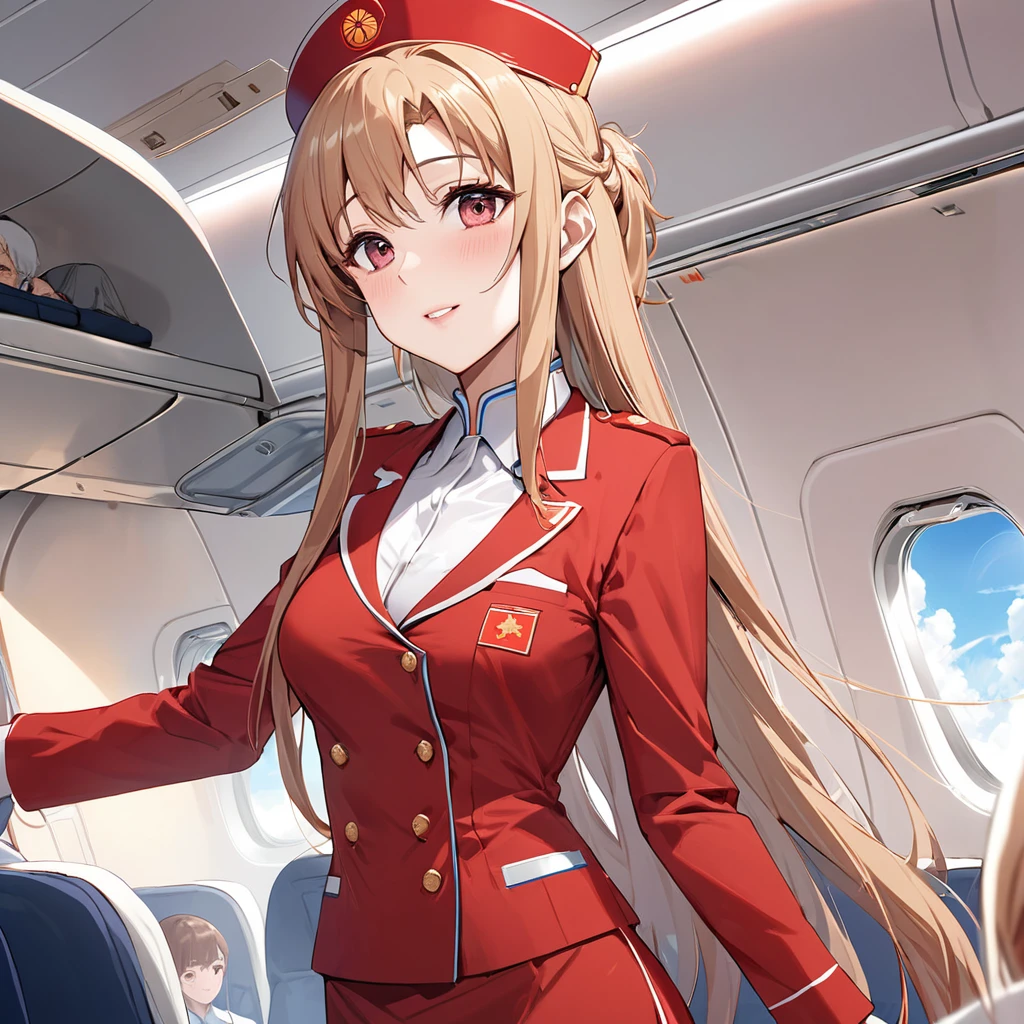 ((Highest quality)), ((masterpiece)), (detailed), (Perfect Face)、The woman is a Chinese flight attendant for Air China, named Yuuki Asuna, with light brown, medium-long hair.、The woman is wearing the red uniform of an Air China flight attendant.、The woman is an honorable special flight attendant reserved for members of the Chinese Communist Party.、The woman is a first-class passenger, and is the exclusive attendant and entertainer of a dignified elderly man who is a member of the Chinese Communist Party.、A man and a woman alone in the first class cabin