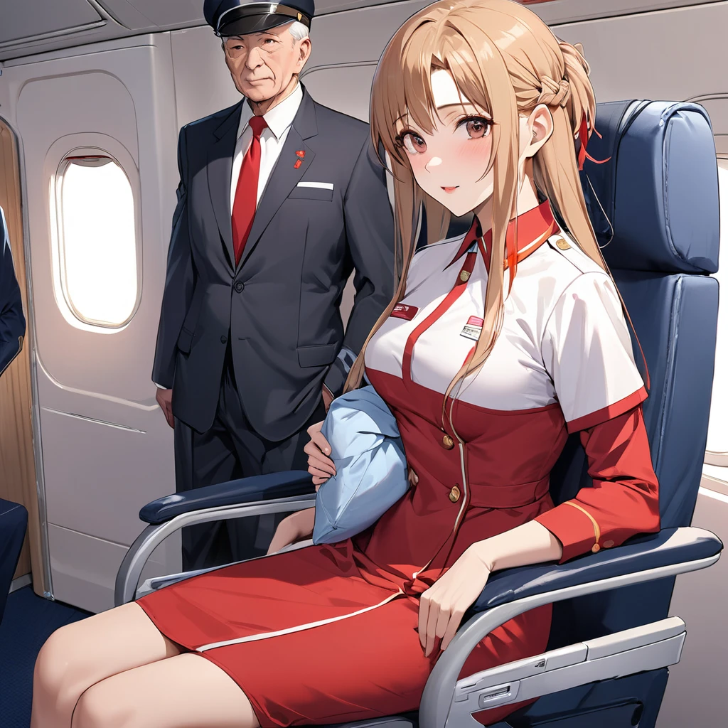 ((Highest quality)), ((masterpiece)), (detailed), （Perfect Face）、The woman is a Chinese flight attendant for Air China, named Yuuki Asuna, with light brown, medium-long hair.、The woman is wearing the red uniform of an Air China flight attendant.、The woman is an honorable special flight attendant reserved for members of the Chinese Communist Party.、The woman is a first-class passenger, and is the exclusive attendant and entertainer of a dignified elderly man who is a member of the Chinese Communist Party.、A man and a woman alone in the first class cabin