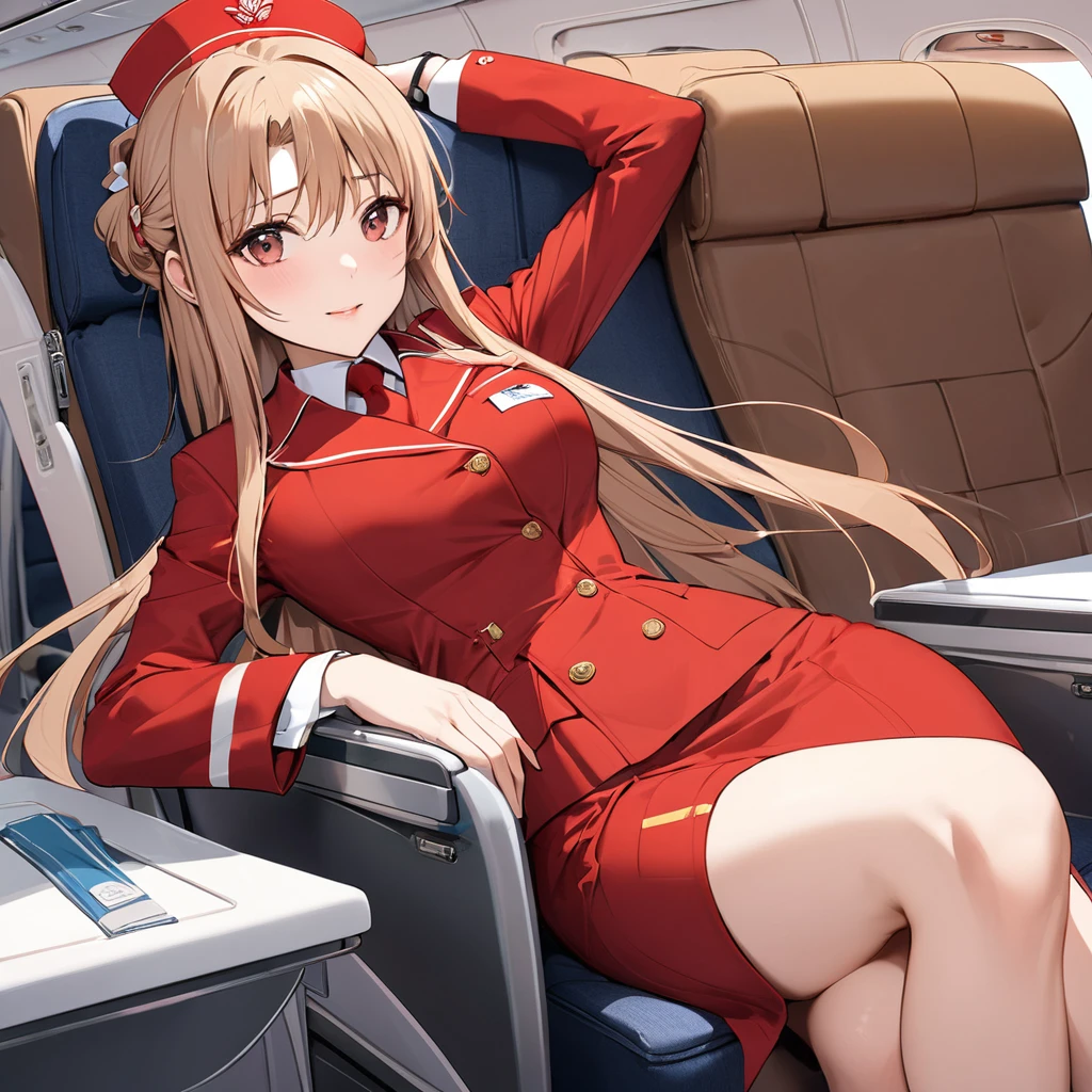 ((Highest quality)), ((masterpiece)), (detailed), (Perfect Face)、The woman is a Chinese flight attendant for Air China, named Yuuki Asuna, with light brown, medium-long hair.、The woman is wearing the red uniform of an Air China flight attendant.、The woman is an honorable special flight attendant reserved for members of the Chinese Communist Party.、The woman is a first-class passenger, and is the exclusive attendant and entertainer of a dignified elderly man who is a member of the Chinese Communist Party.、A man and a woman alone in the first class cabin