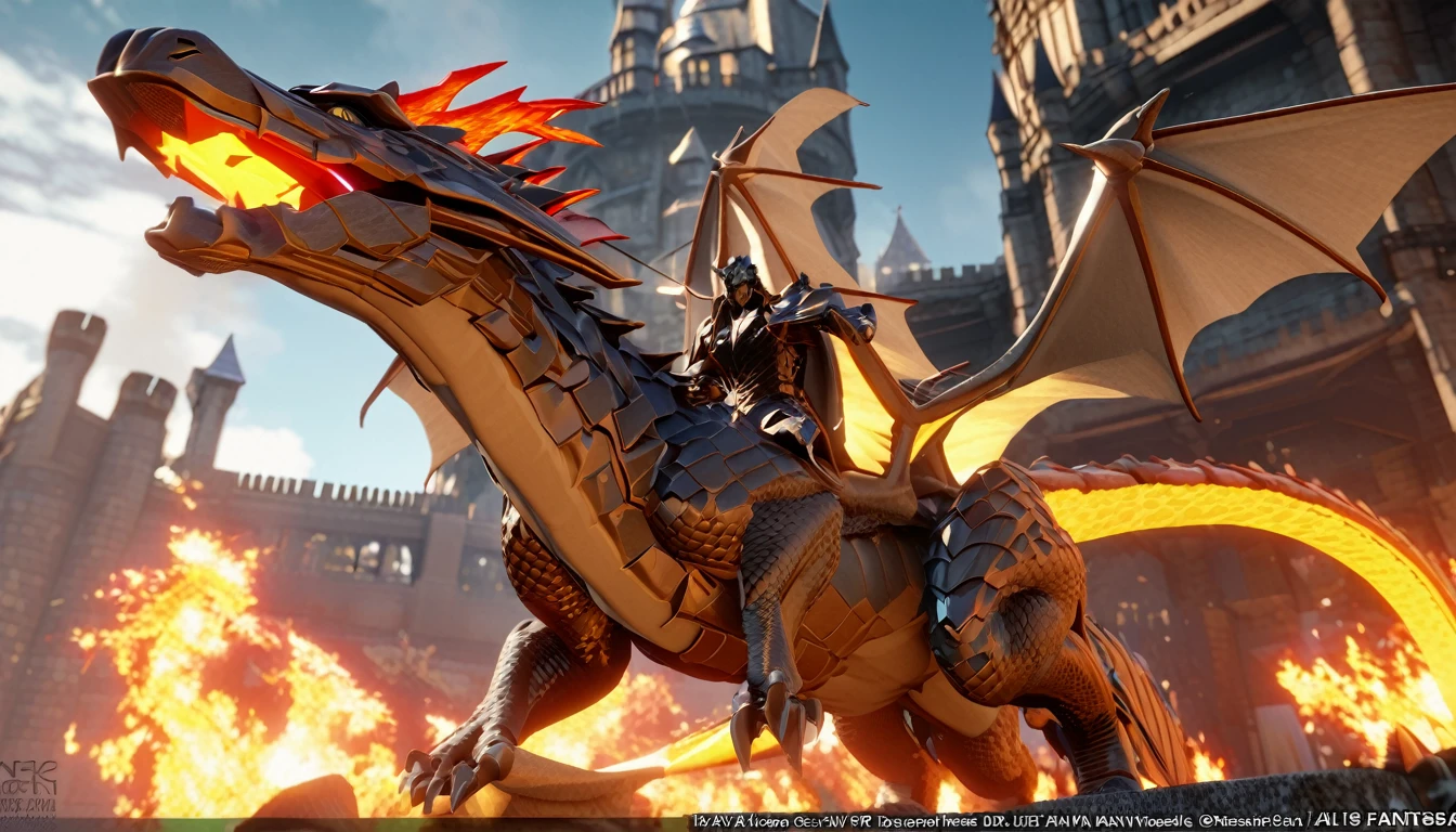 The Dragon сидит на стене и рычит пламенем, high quality, 3D, 4k, fantasies, The Dragon, high detail, Jet of fire, castle wall, high wall, bright colors, The Dragon изрыгает пламя, злой The Dragon