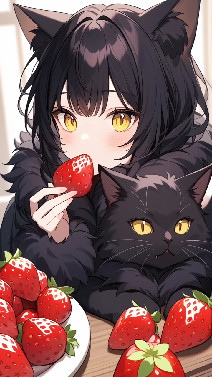 Black cat, fluffy fur, cat eyes, yellow eyes, eating strawberry, game
