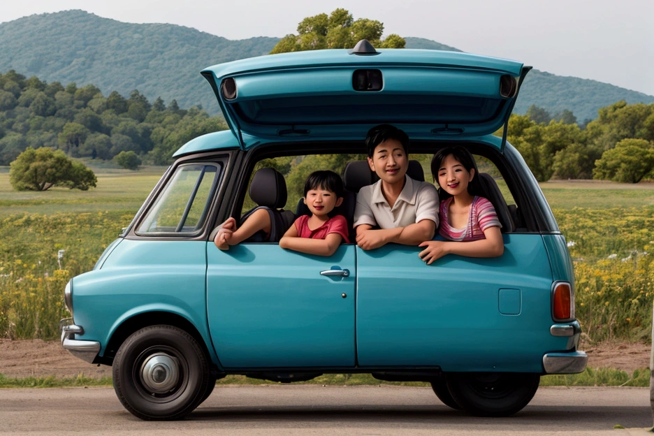 A family in a car going in a trip
