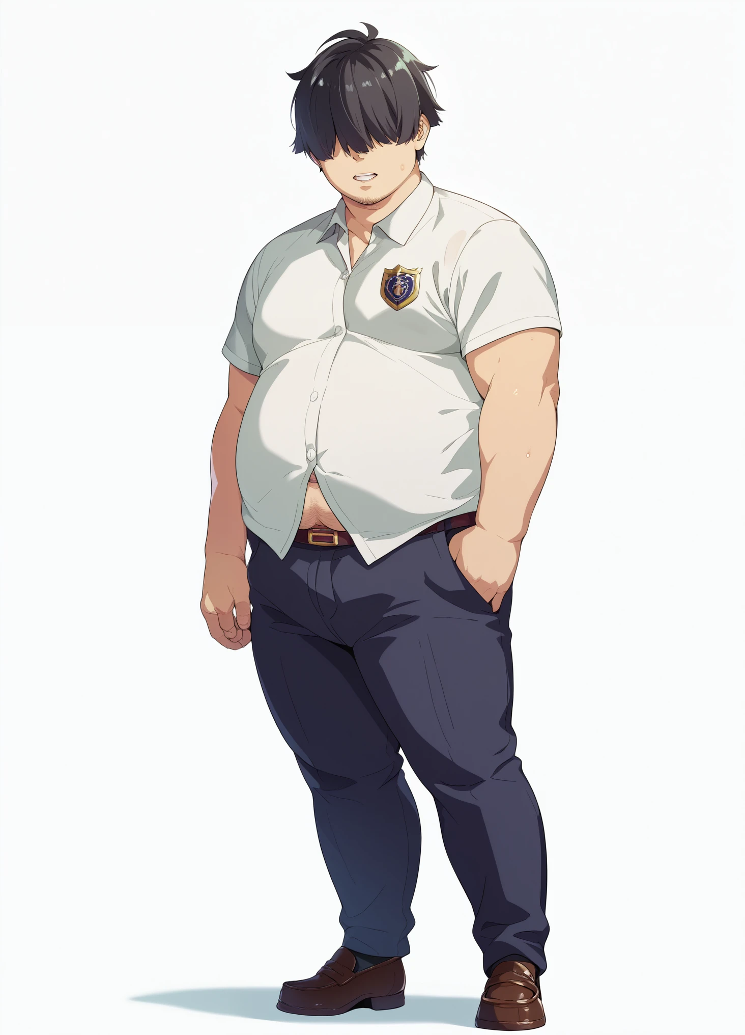 Large bulging crotch、erection、Big penis、Black Hair、Vulgar expression、Detailed illustrations、Ultra-precise expression、masterpiece、Highest quality、ultra High resolution、High resolution、Hiromitsu Takeda Style、White background、Simple Background、stand、whole body、ung man、fat、Chubby、Glasses、hair over eyes、solo、stand、White Shirt、loafers、Otaku、How、、semen、