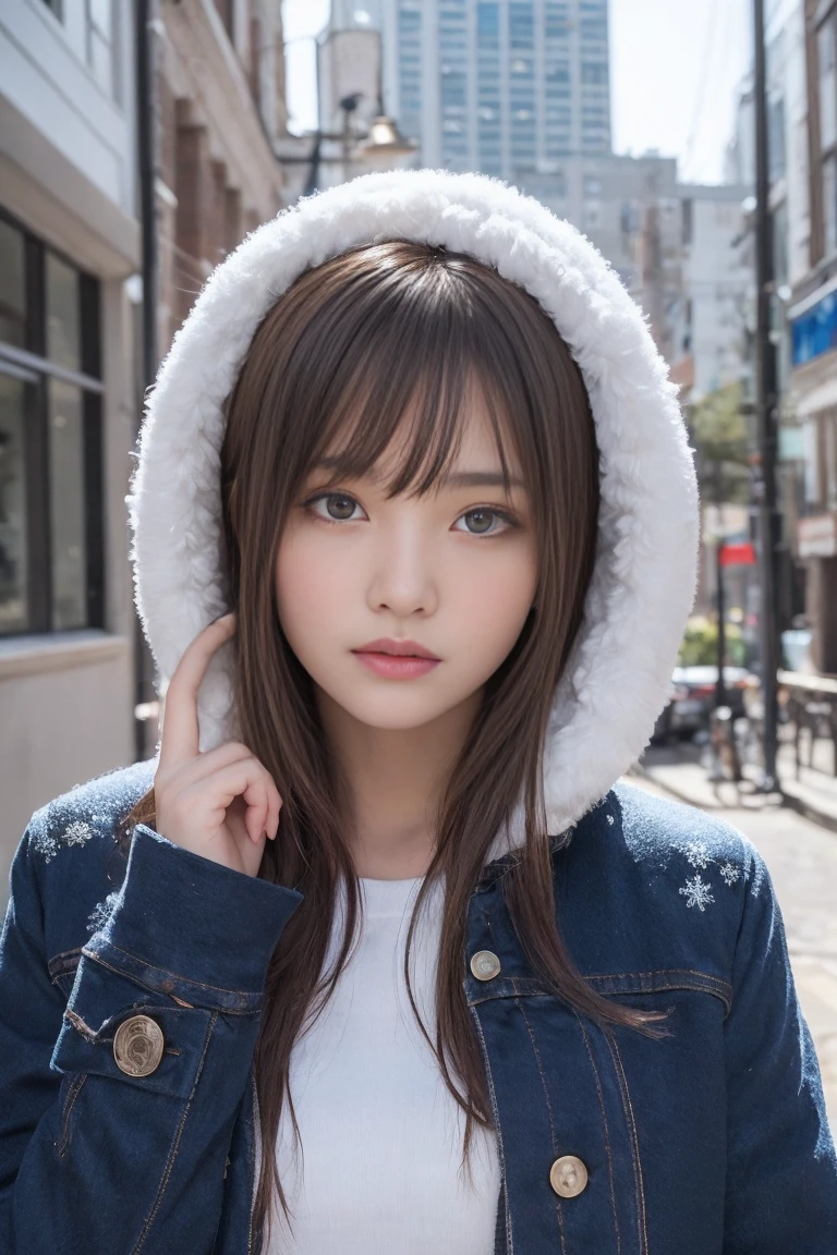 one girl, (a beauty girl, delicate girl:1.3), (16 years old:1.3),
break, (Winter clothes:1.3),
break, (Cityscape 5), perfectly trimmed fingers,
break, Extremely detailed clarity, (Symmetrical eyes:1.3),
break, Small breasts, Brown eyes, Parted bangs, Brown Hair, girl,
break, (Eye and facial details:1.0), (Get closer to the face, Zoom in on face, Face Focus:1.0),
break, (masterpiece, Highest quality, Very detailed, Detailed face, 8k)