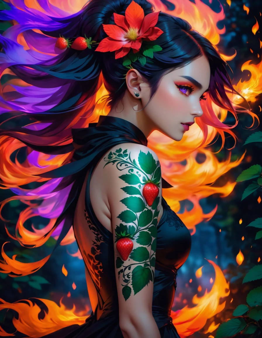 Arafed, Dark fantasy art, fantasy art, goth art, a picture of a tattoo on the back of a female elf, a glowing tattoo of a ((strawberry: 1.3)) on the elf's back, the ((strawberry tattoo: 1.3)) is vivid, intricate detailed, GlowingRunesAI_purple, ((fire surrounds the strawberry: 1.5)), shoot taken from the back, ((the back is visible: 1.3), she wears a transparent black dress, the dress is elegant, flowing, elven style, that the tattoos glow, dynamic hair color, dynamic hair style, vibrant, Ultra-high resolution, High Contrast, (masterpiece:1.5), highest quality, Best aesthetics), best details, best quality, highres, 16k, (ultra detailed: 1.5), masterpiece, best quality, (extremely detailed) RAW, (ultra details, Masterpiece, best quality) faize, Digital Painting,