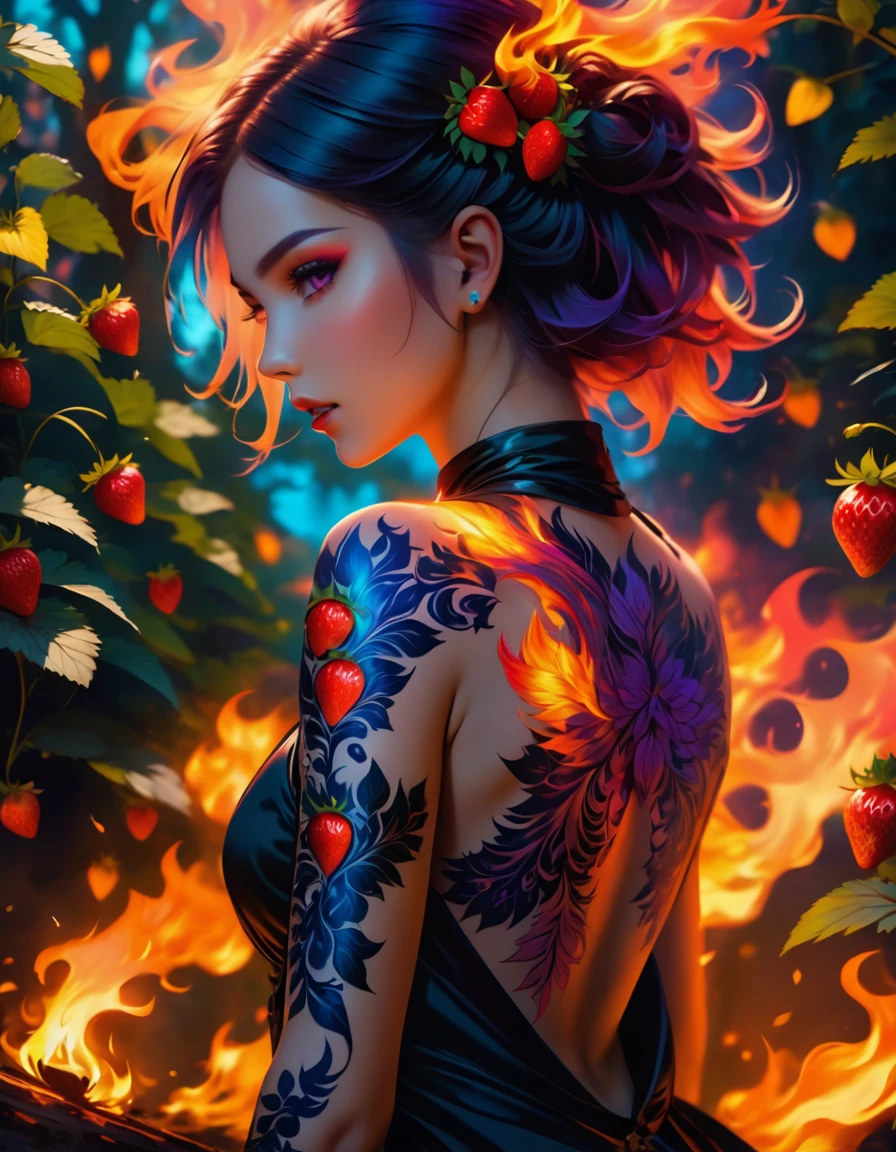 Arafed, Dark fantasy art, fantasy art, goth art, a picture of a tattoo on the back of a female elf, a glowing tattoo of a ((strawberry: 1.3)) on the elf's back, the ((strawberry tattoo: 1.3)) is vivid, intricate detailed, GlowingRunesAI_purple, ((fire surrounds the strawberry: 1.5)), shoot taken from the back, ((the back is visible: 1.3), she wears a transparent black dress, the dress is elegant, flowing, elven style, that the tattoos glow, dynamic hair color, dynamic hair style, vibrant, Ultra-high resolution, High Contrast, (masterpiece:1.5), highest quality, Best aesthetics), best details, best quality, highres, 16k, (ultra detailed: 1.5), masterpiece, best quality, (extremely detailed) RAW, (ultra details, Masterpiece, best quality) faize, Digital Painting,