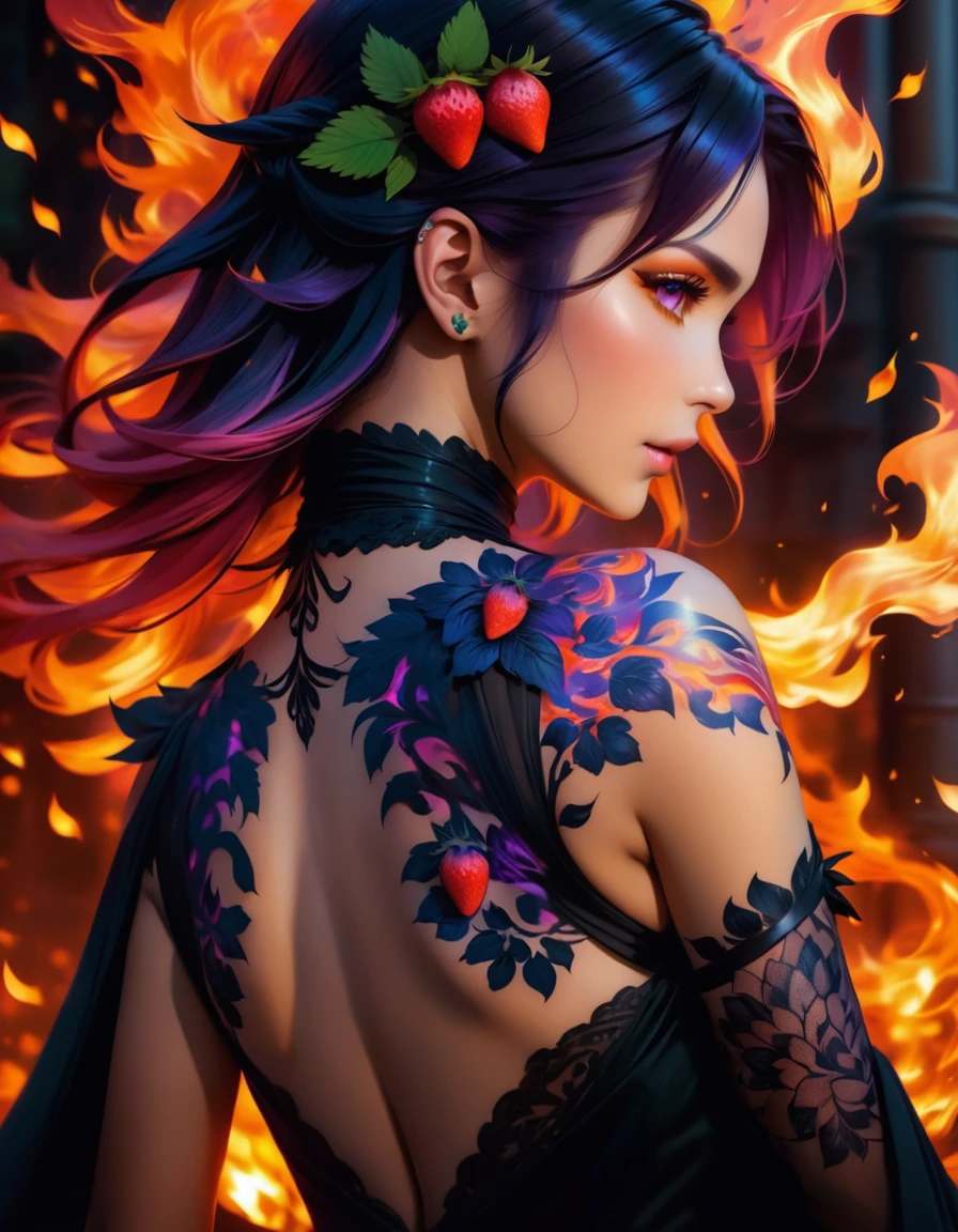 Arafed, Dark fantasy art, fantasy art, goth art, a picture of a tattoo on the back of a female elf, a glowing tattoo of a ((strawberry: 1.3)) on the elf's back, the ((strawberry tattoo: 1.3)) is vivid, intricate detailed,  GlowingRunesAI_purple, ((fire surrounds the strawberry: 1.5)), shoot taken from the back, ((the back is visible: 1.3), she wears a transparent black dress, the dress is elegant, flowing, elven style, that the tattoos glow, dynamic hair color, dynamic hair style,  vibrant, Ultra-high resolution, High Contrast, (masterpiece:1.5), highest quality, Best aesthetics), best details, best quality, highres, 16k, (ultra detailed: 1.5), masterpiece, best quality, (extremely detailed) RAW, (ultra details, Masterpiece, best quality) faize, Digital Painting, 