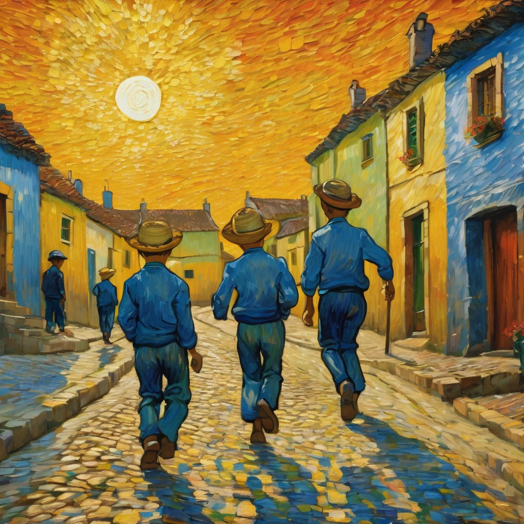 painting of a boy in close-up and five Brazilian boys playing on a cobblestone street in a village with the sun in the background, in Van Gogh style, van gogh art style, Van Gogh style, vincent Van Gogh style, inspired by Vincent Van Gogh, inspired by Vincent Pepi, inspired by Van Gogh, Van Gogh style, vincent van gogh style, inspired by Vincent Di Fate, by Van Gogh