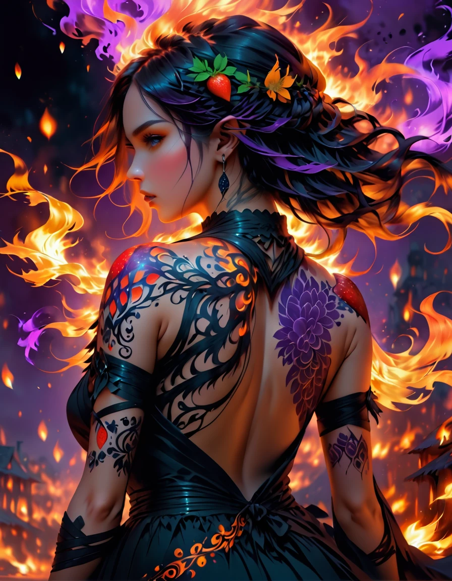 Arafed, Dark fantasy art, fantasy art, goth art, a picture of a tattoo on the back of a female elf, a glowing tattoo of a ((strawberry: 1.3)) on the elf's back, the ((strawberry tattoo: 1.3)) is vivid, intricate detailed, GlowingRunesAI_purple, ((fire surrounds the strawberry: 1.5)), shoot taken from the back, ((the back is visible: 1.3), she wears a transparent black dress, the dress is elegant, flowing, elven style, that the tattoos glow, dynamic hair color, dynamic hair style, vibrant, Ultra-high resolution, High Contrast, (masterpiece:1.5), highest quality, Best aesthetics), best details, best quality, highres, 16k, (ultra detailed: 1.5), masterpiece, best quality, (extremely detailed) RAW, (ultra details, Masterpiece, best quality) faize, Digital Painting,