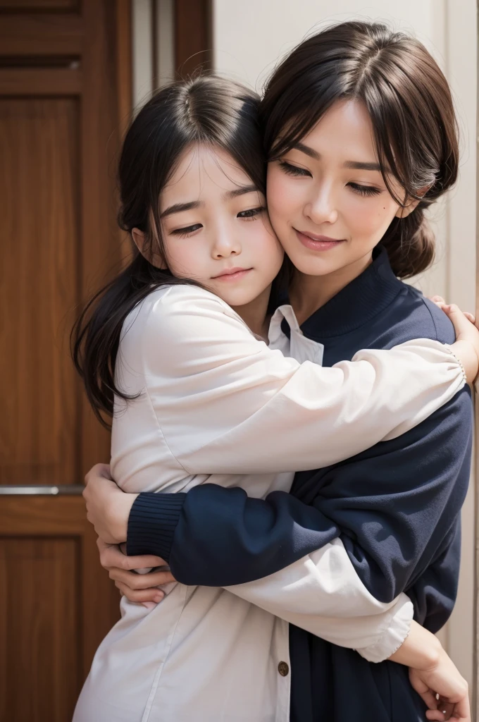 In this heartwarming image, a mother is kneeling down next to her daughter, who is sitting on a wooden chair in their cozy bedroom. The mother, with a gentle smile on her face, is helping her daughter get dressed for school. She carefully buttons up her daughter's crisp white shirt, her hands moving with practiced ease and tenderness. The daughter, with her hair still slightly tousled from sleep, looks up at her mother with adoration and trust, her eyes reflecting the warmth of their bond. Their surroundings are filled with morning sunlight streaming through the window, casting a soft glow over the scene and illuminating the love and care that permeate their morning routine.