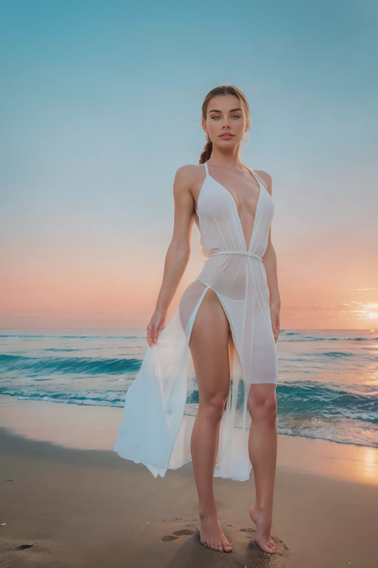 A Photograph of a serene beach at sunset, pastel hues caress a figure in a white long see-through dress with an opening on one leg all the way to the hip, embodying tranquility and ., Mysterious, model body, in Malibu beach, California beach, beautiful brunette girl, super detailed, photorealistic, photo, pony tail on top of the head, swimming in the ocean