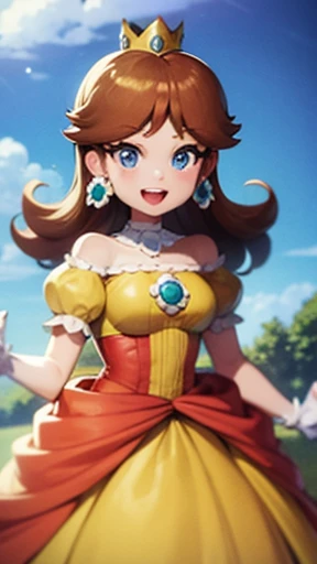 Princess daisy super mario, brown hair, blue eyes, short products hair, gold princess crown, flower earrings, yellow long dress, puffy short sleeves, flower brooch, open mouth, smile, flowers, outdoors, sky, cloudy sky, anime waifu style