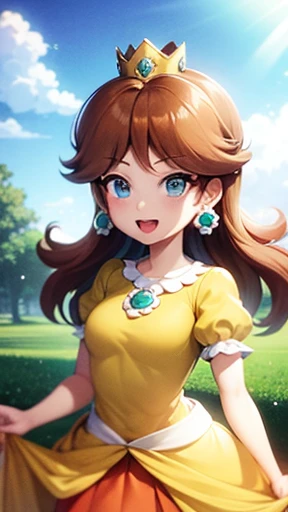 Princess daisy super mario, brown hair, blue eyes, short products hair, gold princess crown, flower earrings, yellow long dress, puffy short sleeves, flower brooch, open mouth, smile, flowers, outdoors, sky, cloudy sky, anime waifu style